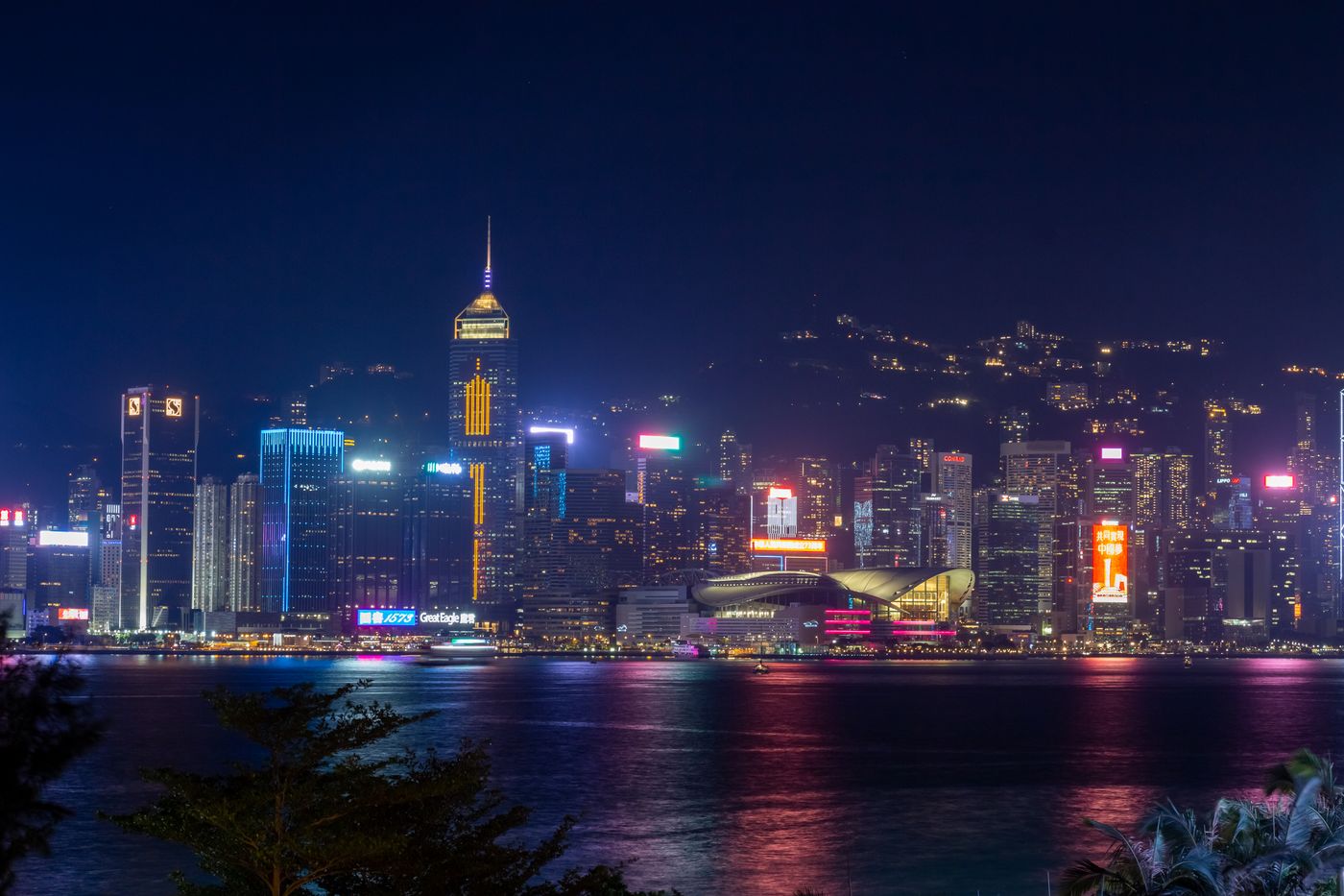 夜間的維多利亞港與香港天際線